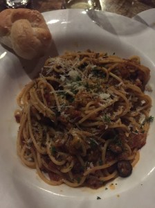delicious spaghetti arrabiata at arbor. bangalore, india. march 2015.