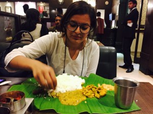 introducing my work wife to her first meal on a banana leaf. bangalore, india. april 2015.