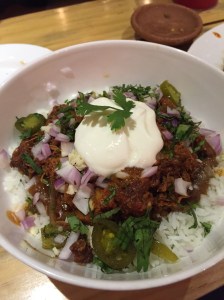 that yummy braised pork burrito bowl. bangalore, india. july 2015.