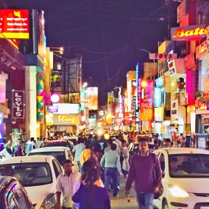 commercial street on a saturday evening. bangalore, india. august 2015.