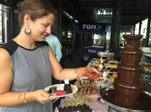 cindy getting in on the chocolate fountain action. bangalore, india. september 2015.
