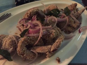 rava fry prawns at carnival de goa. bangalore, india. october 2015.