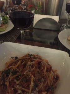 spaghetti with wine. bangalore, india. october 2015.