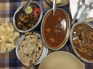 pappadum, prawns, parota, pork vindaloo, and kerala special curry. bangalore, india. february 2016.